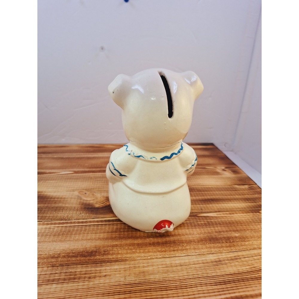 Vintage‎ American Bisque Pottery Ceramic PORCELAIN Pig Piggy Bank RED Bow tie - Picture 4 of 10